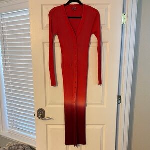 STAUD Shoko Sweater Dress Dip Dye Red to Wine Ombre Ribbed Button-Front Maxi